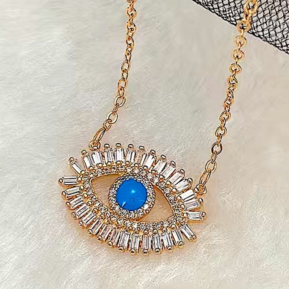 18K Gold Evil Eye Cubic Zircon Baguette Necklace